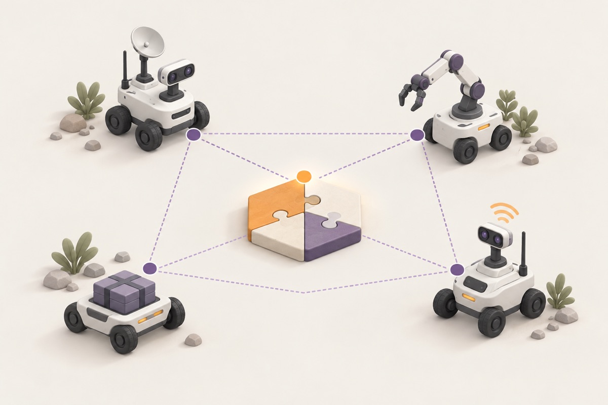 Concept illustration of robots with complementary capabilities connected around a shared goal