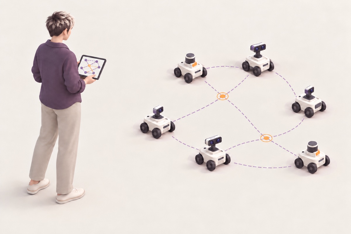 Concept illustration of a woman with a frosted-tip pixie haircut using a tablet that mirrors the network of six robots beside her
