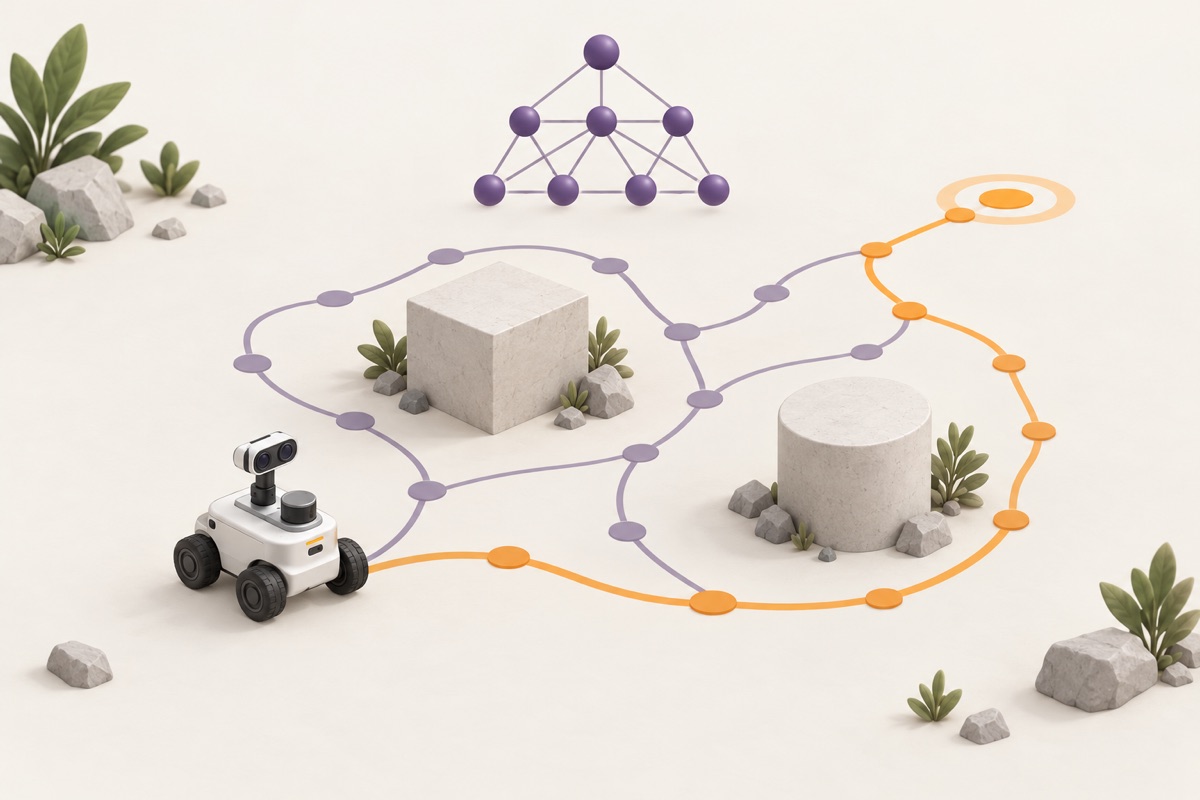 Concept illustration of a robot exploring branching paths with one route highlighted toward a goal