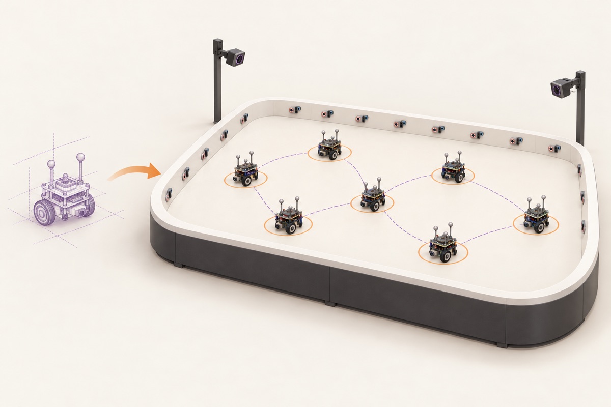 Concept illustration connecting a robot wireframe to a Robotarium-style arena with small research robots, perimeter docks, and motion-tracking cameras